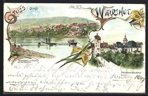Lithographie Waldshut, Ortsansicht aus der Vogelschau