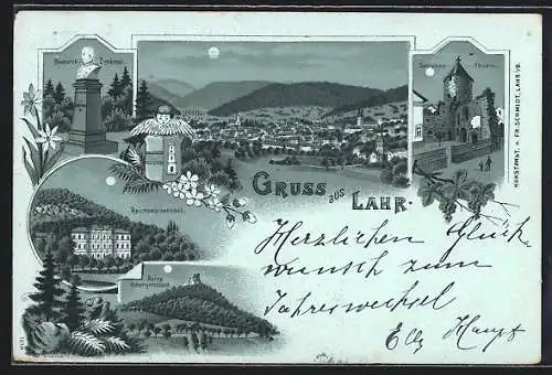 Mondschein-Lithographie Lahr / Baden, Reichswaisenhaus, Ruine Hohengeroldseck, Storchenturm