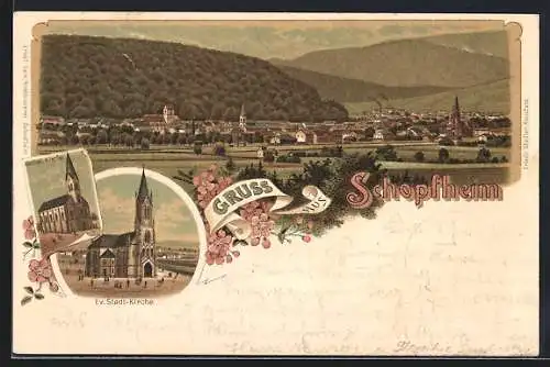 Lithographie Schopfheim, kathol. Kirche, Ev. Stadt-Kirche, Panorama