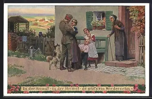 Künstler-AK Paul Hey: Verein für das Deutschtum im Ausland, Soldat in Uniform kehrt nach Hause zurück