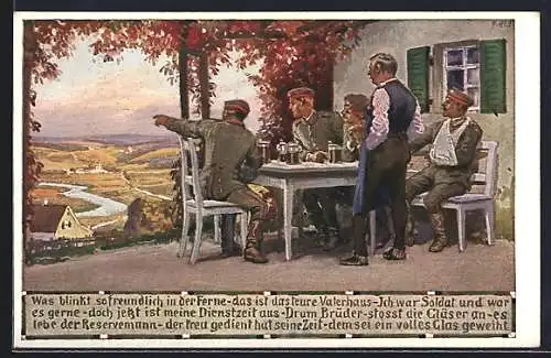 Künstler-AK Paul Hey: Verein für das Deutschtum im Ausland, Soldaten in Uniformen sitzen an einem Tisch mit Bier