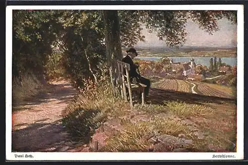 Künstler-AK Paul Hey: Verein für das Deutschtum im Ausland, Mann sitzt auf einer Bank, Herbstsonne