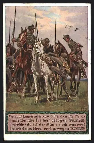 Künstler-AK Paul Hey: Verein für das Deutschtum im Ausland, Soldaten zu Pferd machen sich bereit