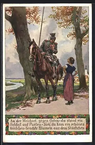 Künstler-AK Paul Hey: Verein für das Deutschtum im Ausland, Soldat in Uniform zu Pferd mit Blumen