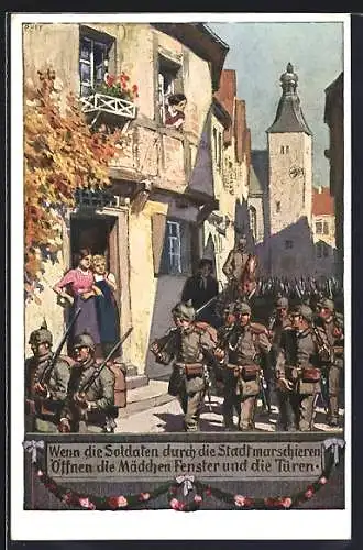 Künstler-AK Paul Hey: Verein für das Deutschtum im Ausland, Soldaten marschieren durch die Stadt