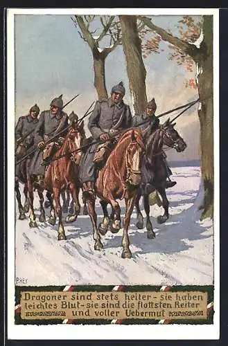 Künstler-AK Paul Hey: Verein für das Deutschtum im Ausland, Soldaten in Uniformen zu Pferd