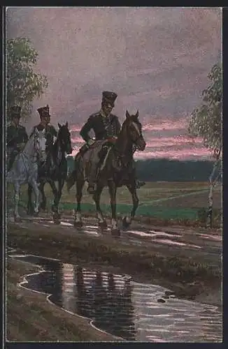 Künstler-AK Paul Hey: Verein für das Deutschtum im Ausland, Soldaten in Uniformen reiten in der Morgendämmerung
