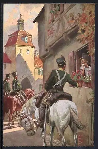 Künstler-AK Paul Hey: Verein für das Deutschtum im Ausland, Drei Soldaten in Uniform zu Pferd
