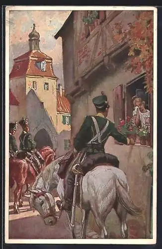 Künstler-AK Paul Hey: Verein für das Deutschtum im Ausland, Drei Soldaten in Uniform zu Pferd