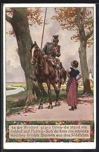 Künstler-AK Paul Hey: Verein für das Deutschtum im Ausland, Soldat in Uniform zu Pferd mit Blumen
