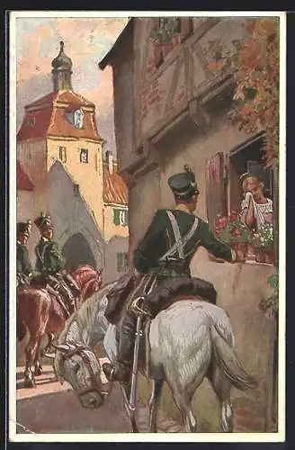 Künstler-AK Paul Hey: Verein für das Deutschtum im Ausland, Drei Soldaten in Uniformen zu Pferd
