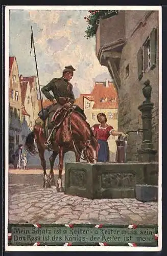 Künstler-AK Paul Hey: Verein für das Deutschtum im Ausland, Soldat in Uniform mit seinem Pferd an einem Brunnen