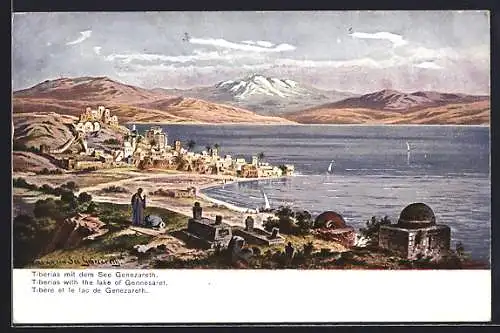 Künstler-AK Friedrich Perlberg: Tiberias, Stadtansicht am Ufer des See Genezareth