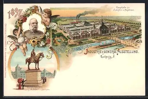 Lithographie Leipzig, Sächs.-Thür. Industrie- & Gewerbe-Ausstellung 1897, Haupthalle, Reiterstandbild