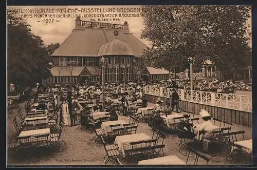 AK Dresden, Internat. Hygiene-Ausstellung 1911, Lang`s Münchner Bierhalle und Konzertgarten Hackerbräu