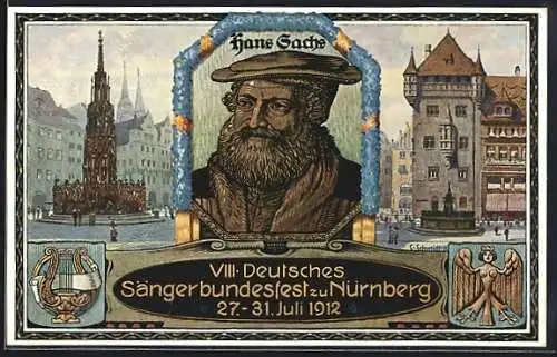 AK Nürnberg, VIII. Deutsches Sängerbundfest 1912, Hans Sachs, Harfe