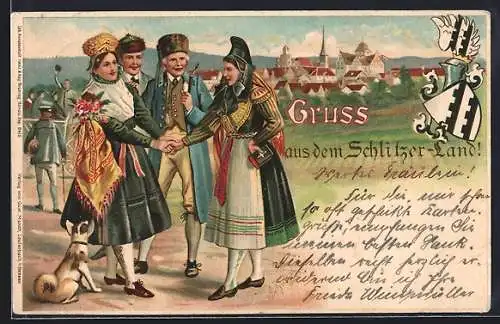 Lithographie Gruss aus dem Schlitzer-Land, Paare in hessischer Tracht