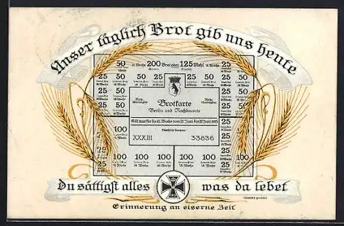 AK Kriegsnot, Brotkarte für Berlin und Nachbarorte für 1915, Erinnerung an eiserne Zeit, Ähren