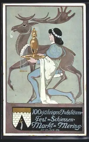Künstler-AK Mering, 100-jähriges Jubiläums-Fest-Schiessen 1912, Hirsch und Wappen