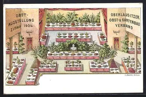 Künstler-AK Zittau, Obst-Ausstellung 1904 des Oberlausitzer Obst- & Gartenbauverbandes, Ausstellungshalle