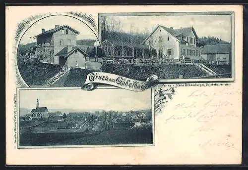 AK Gabelbach / Zusmarshausen, Bahnhof, Restaurant und Ortsansicht