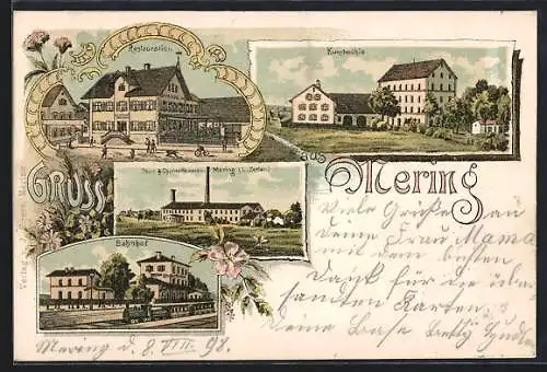 Lithographie Mering, Restaurant, Kunstmühle, Ton- und Chamottewerk von L. Zettler, Bahnhof