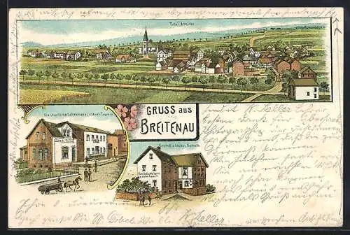 Lithographie Breitenau / Westerwald, Gasthof v. Jackob Demuth, Mechanische Schreinerei v. Math. Trumm