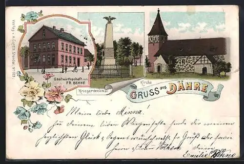 Lithographie Dähre, Gasthaus vin Fr. Behne, Kirche, Kriegerdenkmal