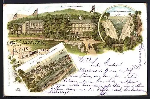 Lithographie Sassnitz a. Rg., Hotel Zum Fahrenberg, Schlucht von Stubbenkammer