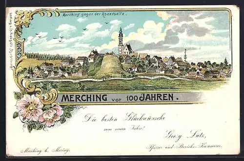Lithographie Merching, Ortsansicht gegen die Abendseite