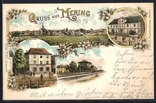 Lithographie Mering, Schlossenwirt, Schulhaus, Bahnhof