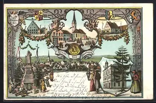 Lithographie Thannhausen / Schwaben, Rentamt, Kirche mit Pfarrhof und Rathaus, Totalansicht