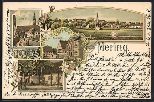 Lithographie Mering, Gasthaus Sommer-Keller, Marktplatz, Kirche