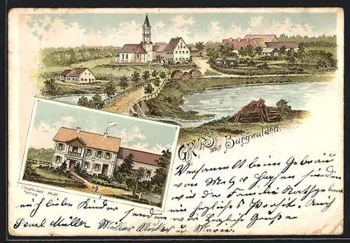 Lithographie Burgwalden, Ortsansicht mit Brücke und Uferpartie, Villa mit Garten