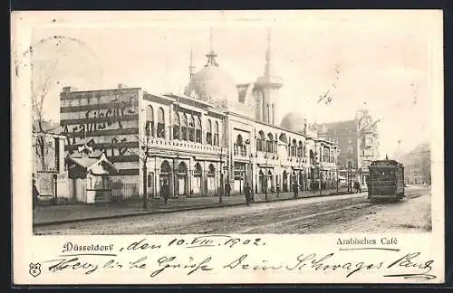AK Düsseldorf, Arabisches Cafe mit Strassenbahn