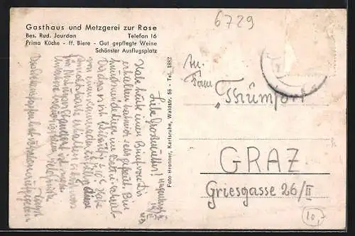 AK Hagenbach /Pfalz, Gasthaus u. Metzgerei zur Rose, Bes. Rud. Jourdan, Fachwerkhaus