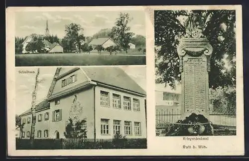 AK Rott / Landsberg, Schulhaus, Kriegerdenkmal, Ortsansicht mit Kirche