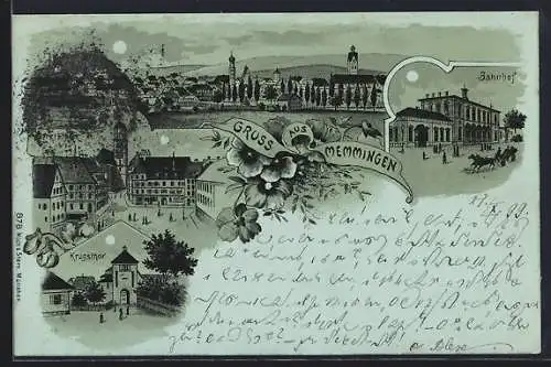 Mondschein-Lithographie Memmingen, Bahnhof, Krugsthor, Ortsansicht mit Bäumen