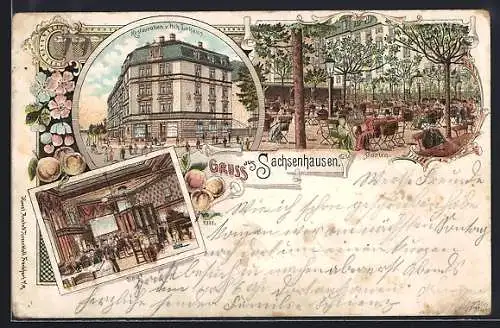 Lithographie Sachsenhausen, Restaurant v. Hch. Lohaus, Innenansicht und Sitzegelegenheiten im Garten