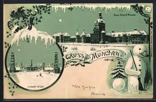 Winter-Lithographie München, Luitpold-Brücke, Neues National-Museum, Schneemann