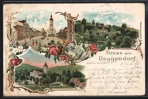 Lithographie Deggendorf, Schloss Egg, Villa Wittelsbach und Stadtplatz