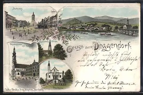 Lithographie Deggendorf, Stadtplatz, Gnadenkirche mit Kloster