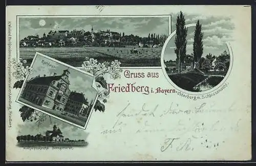 Mondschein-Lithographie Friedberg i. Bayern, Rathhaus, Wallfahrtskirche Herrgottsruh, Unterberg m. Schlossansicht