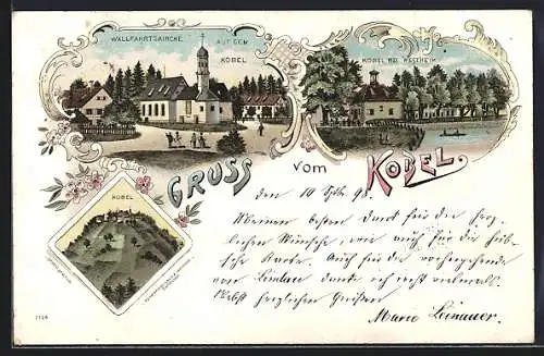 Lithographie Kobel bei Westheim, Wallfahrtskirche, Fernansicht vom Kobel