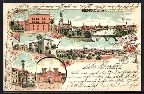 Lithographie Neu-Ulm, Bahnhof, Bahnhof-Hotel, Kaserne des 12. Inf. Rgts.