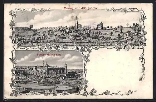 Künstler-AK Mering, Ortsansicht vor 400 Jahren, Schloss Möring 1700