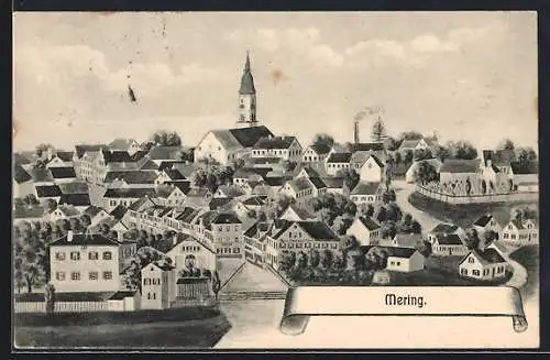 Künstler-AK Mering, Ortsansicht mit Kirche