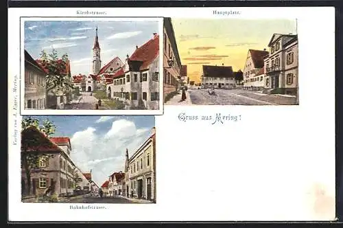 AK Mering, Bahnhofstrasse, Kirchstrasse und Hauptplatz