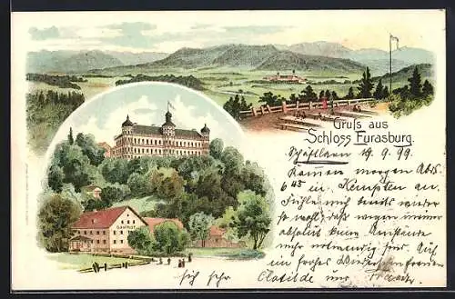 Lithographie Eurasburg / Isartal, Teilansicht mit Gasthof und Schloss