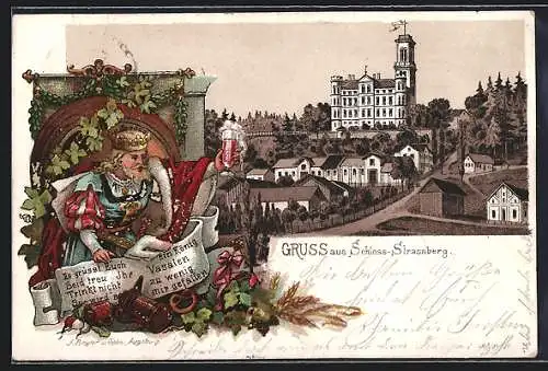 Lithographie Strassberg / Augsburg, Blick auf Schloss